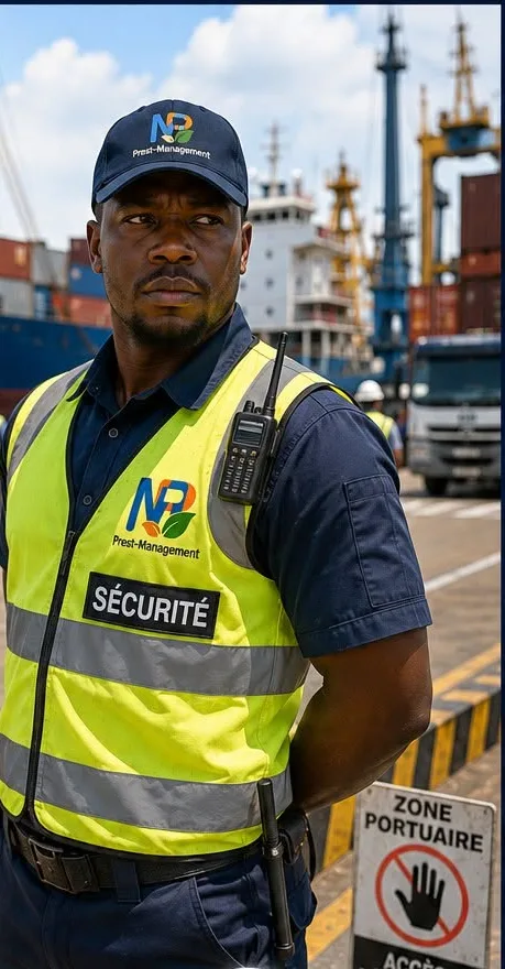 Agent de sécurité Prest Management sur le port de Douala